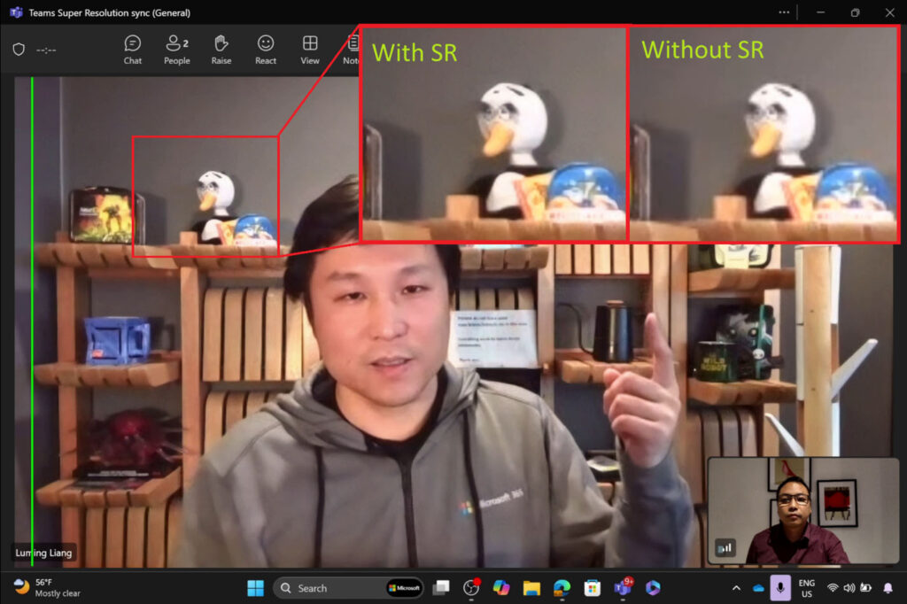 以下视频片段展示了一??Teams 通话Q传入视频分辨率Z分L率（360pQ，q比较了启用 SR功能前后的通话质量? srcset=
